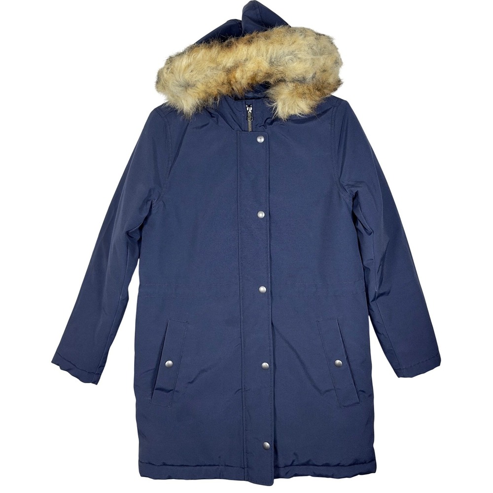 J.Crew Factory Women's Faux-Fur Trim Winter Parka Navy Blue Size‎ XXS *READ*